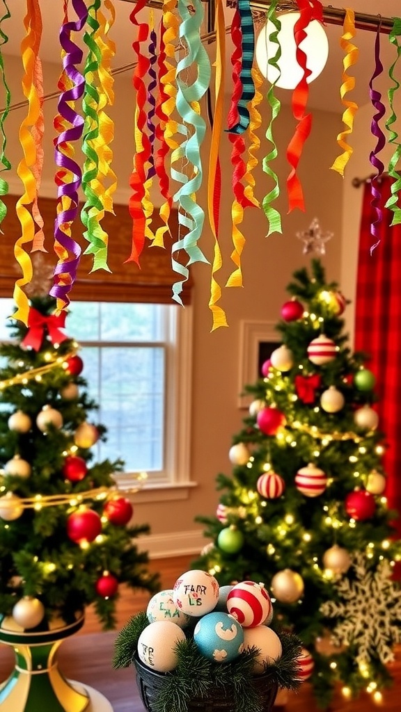 DIY 1950s Christmas decorations including paper chains, vintage ornaments, and a festive centerpiece.